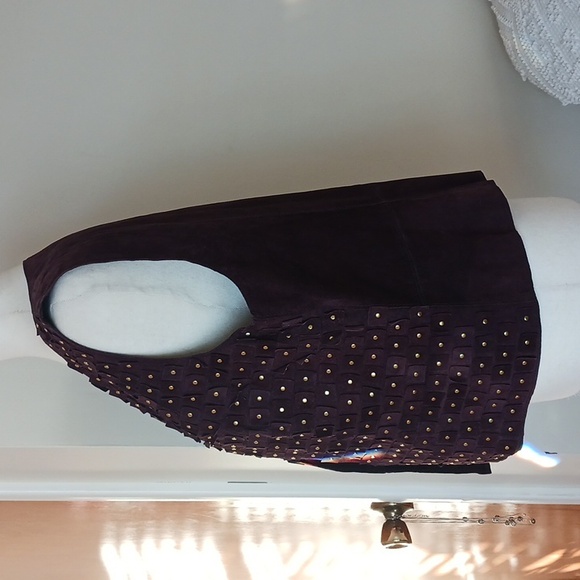 Worth sleeveless vest genuine leather suede Outerwear round neck cropped brown M - Picture 4 of 11